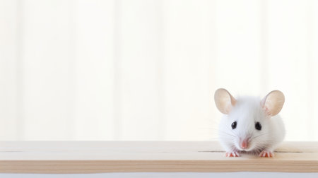 a mouse sits on a table against a minimalist white background, creating a dreamlike atmosphere. the 4k image showcases innovative techniques with a felinecore aesthetic and matte background, perfect for petcore enthusiasts. ai generatedの素材
