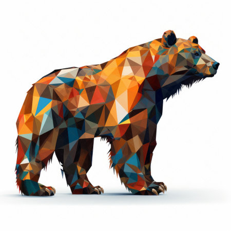 bear vector illustration, multilayered realism, dark azure and light amber, white background, uhd image, transparency and opacity, detailed flora and fauna, precision-oriented geometric forms, triangular shape. ai generatedの素材