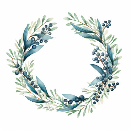 watercolor wedding invitation design showcases a symmetrical composition of dark teal and light indigo berries. the naturalistic depiction of flora and fauna in navy and aquamarine hues creates a festive atmosphere, enhanced, ai generatedの素材