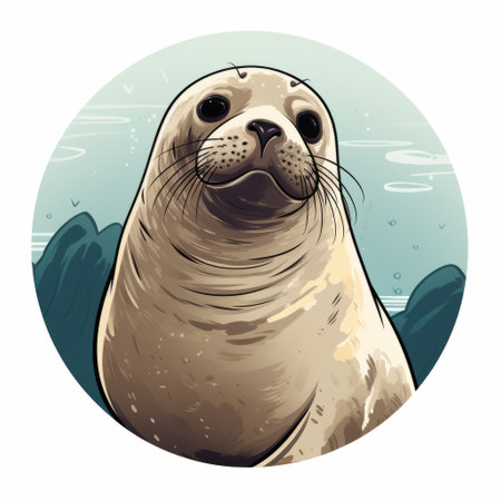seal icon features a detailed atmospheric portrait of a seal in a cartoonish realistic style. the muted seascape background and harmonious coloration add to the charm of this rounded, cedric seaut illustration. ai generatedの素材