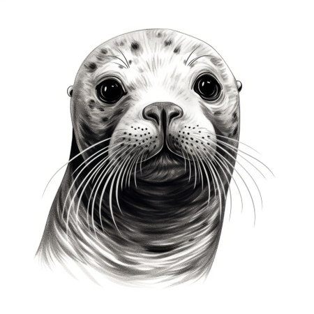 seal cute face and crest graphic design in hyperrealistic wildlife portrait style. black and white realism with textural and smooth curved lines. realistic depictions of human form by a marine painter, with dappled effects. ai generatedの素材
