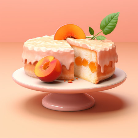 peach peach cake, hyperrealistic composition, beeple style, detailed character design, glossy finish, mass-produced objects, soft romantic landscapes. ai generatedの素材