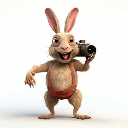 cartoon rabbit with camera captures attention on a white background. daz3d's style brings this national geographic-inspired photo to life, reminiscent of captivating shots found on flickr. the lively movement portrayal and detailed costumes enhance the rabbit's charm, while its shiny eyes add a touch of intrigue. this movie still promises a delightful visual experience. ai generatedの素材