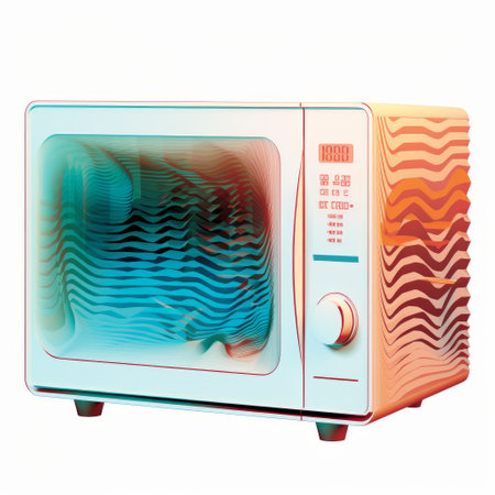 a microwave featuring two levels of image distortion, showcasing futuristic chromatic waves, hyperrealistic illustrations, colorful woodcarvings, and soft gradients. this design draws inspiration from the works of conrad roset, incorporating detailed texture and fluid impressions for a visually captivating experience. ai generatedの素材