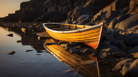 a timely photo with diffused, golden lighting that creates a soft glow and reduces harsh shadows. the light comes from the right, adding depth and dimension with a play of light and shadow on the rocks and boat. technical settings include an aperture of f/11 for clarity, a shutter speed of 1/30s to capture subtle wave movement, iso 100 for minimal noise, and a focalの素材