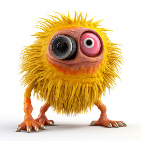 a yellow 3d monster, holding a camera, showcases intricate fur and feathers textures. this attention to detail is highlighted by shiny eyes. rendered in maya, the monster exudes a unique style known as "pigeoncore." the vibrant orange hues add to its simplistic yet captivating appearance. complete with a c-mount lens, this character is ready to capture extraordinary moments. ai generatedの素材