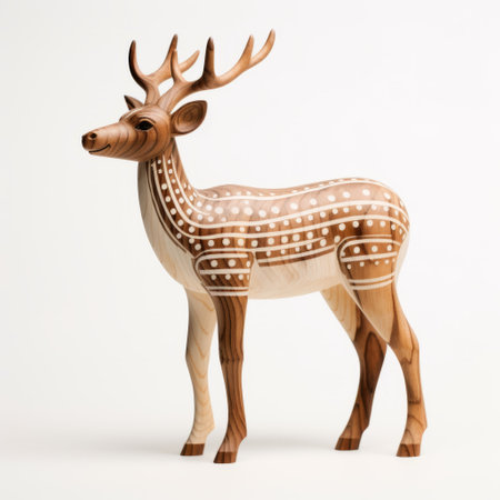deer figurine made of wood, isolated on white background. the style is reminiscent of bold patterns and influenced by sven nordqvist and the bengal school of art. the image is of low resolution and features light white and light brown tones, capturing detailed still lifes. ai generatedの素材