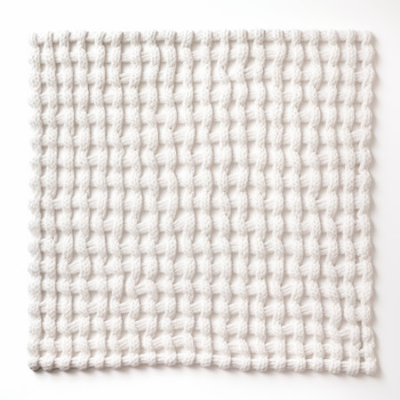 white stitched yarn panel with grid formations and soft color blending. aerial view captures tonal variations in color, creating textured, organic landscapes. this carpetpunk style piece showcases intricate stitching and delicate craftsmanship. ai generatedの素材