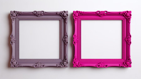 two ornate old frames rest on a white floor, surrounded by purple walls. the style of the frames combines magenta and gray, creating a clear edge definition. with innovating techniques, this photo offers a critique of consumer culture. the colors used are dark gray and pink, resulting in a simplified yet captivating composition. ai generatedの素材