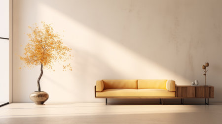 the modern contemporary living room features a large hall tree and an oak hall tree, with a minimalist precision ultra realistic design. the room is styled in light beige and light amber, with opaque resin panels and danish design elements. the right side view is captured in 8k resolution, creating a limited color range for a sleek and sophisticated aesthetic. ai generatedの素材