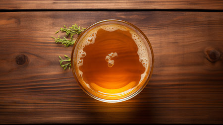 a glass cup of tea sits on a brown table, accompanied by a slice of thyme. the photo is captured in a matte style with layered fibers, giving it a rounded appearance. the use of liquid light emulsion adds to the lively tavern scene feel, while also incorporating pop-culture influences. keywords: tea, cup, brown table, thyme, glass, matte, layered fibers, liquid light emulsion, lively tavernの素材