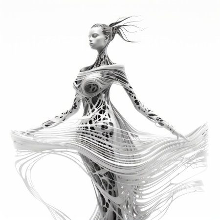 young woman in a mesmerizing dance dress showcasing mechanized abstraction, extruded design, black and white realism, sculptural expression, and futuristic influences. inspired by ancient chinese art, she stands gracefully against a pristine white backdrop. ai generatedの素材