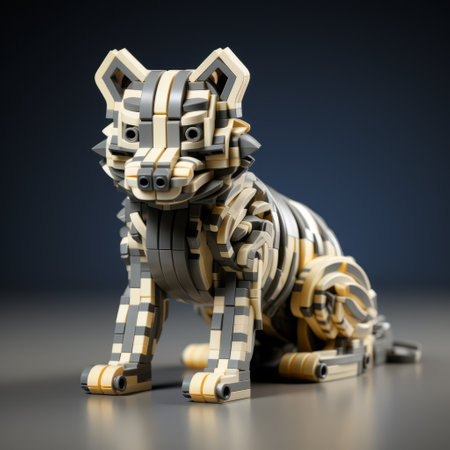 lego animal sculpture on wooden background, octane render style, light yellow and silver, canine anatomy reduction, cyberpunk dystopia, stripes and shapes, dark indigo and light bronze, technological fusion. ai generatedの素材