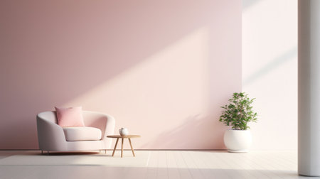 an empty room with pink walls and a pink chair, featuring a solarizing master's style. the soft, blended colors create a zen-inspired atmosphere, while the realistic color palette adds depth to the space. ai generatedの素材