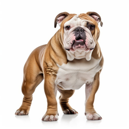 a bulldog, captured by adrianus eversen, stands confidently against a white background. the light maroon and white color scheme adds a touch of elegance to the image. with its smooth lines and large format lens, this photograph evokes strong emotions. don northup's expertise in capturing light brown and purple tones enhances the overall impact. ai generatedの素材