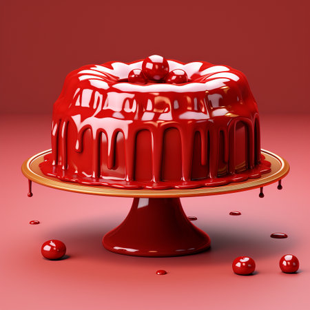 a sculpted cake in a glass dish, showcasing an aggressive digital illustration style. the cranberrycore adds a vibrant touch, while the paint dripping technique enhances its artistic appeal. rendered in unreal engine, this monochromatic masterpiece captivates with its light red hues. ai generatedの素材