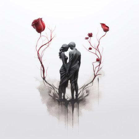 two couples standing together, their faces adorned with black rose lace, create a surrealistic scene in this realistic-style photo. the grayscale and crimson tones, along with the minimalistic brushstrokes, add to the romantic atmosphere of the flowing silhouettes. this artwork, created using zbrush, showcases liquid metal elements for an intriguing touch. ai generatedの素材