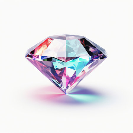 a colorful diamond, isolated on a white background, showcases its vibrant hues. this stunning gem, created with vray tracing, captivates with its interplay of light and shadow. soft edges and blurred details add an artistic touch to this digitally enhanced image. the diamond shines in shades of magenta, emerald, sky-blue, and crimson, resembling exquisite jewelry crafted by talented painters and sculptors. ai generatedの素材