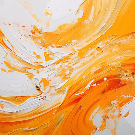 an orange and white paintsplashed background with flowing forms, blending abstraction and a touch of realism. the light silver and yellow hues add depth to the precision painting, creating a dramatic movement in this neo-abstract realism artwork. ai generatedの素材