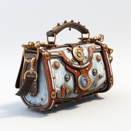 the vintage style handbag features brass knobs and futuristic contraption elements. this 3d rendering showcases a mix of dark white and light blue colors, creating a colorful and hyper-detailed design. the bronzepunk style by dariusz zawadzki adds a unique and realistic touch to the cartoon-like appearance of the handbag. ai generatedの素材