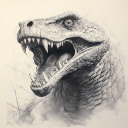 an alligator's head with an open mouth, depicted in a hyperrealistic pencil drawing style. this illustration showcases life-like avian details and incorporates brunaille underpainting techniques. the use of zigzags adds dynamic energy to the monumental scale of the artwork. by reviving historic art forms, this white and gray cartoon brings a unique twist to traditional representations of alligators. ai generatedの素材