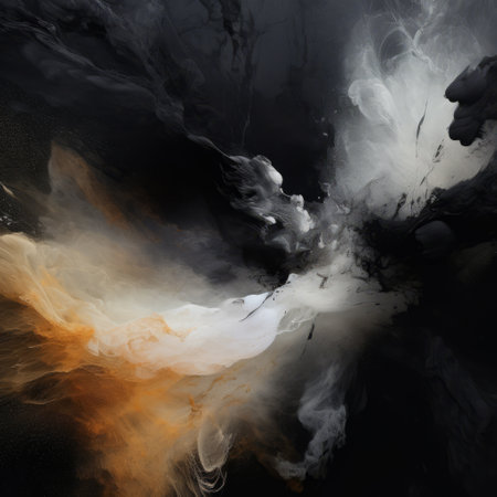 a black and orange abstract wallpaper art with an ethereal and otherworldly atmosphere. this piece showcases dark white and dark gray tones, incorporating gesture painting techniques. it evokes hyper-realistic atmospheres, ethereal seascapes, mystic mechanisms, and a touch of dark white and amber. ai generatedの素材