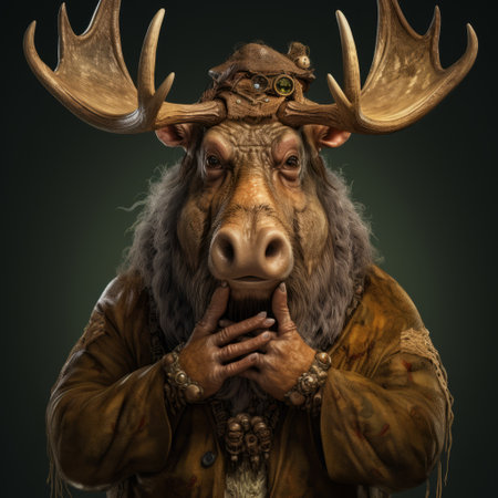 a moose with impressive horns is depicted in a photorealistic still life, resembling fantasy characters and epic portraiture. this artwork, inspired by henryk gotlib, showcases detailed costumes and wildlife art with a satirical twist. the 8k resolution enhances the intricate details of this captivating portrayal. ai generatedの素材