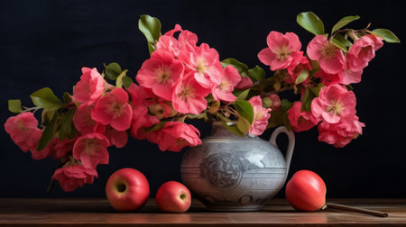 flowers in a vase on a table with apples and apple stock photo, inspired by ancient chinese art. the image features a color palette of dark gray and pink, as well as light red and dark gray. this uhd image captures the essence of rural china, despite its low resolution. ai generatedの素材