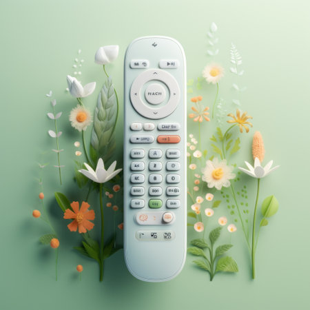 tv remote with flowers and grass on a green background, featuring layered imagery with subtle irony. the light white and light gray tones, along with vray tracing, enhance the nature-inspired shapes. this editorial illustration, captured with a ricoh r1, beautifully encapsulates the essence of nature. ai generatedの素材
