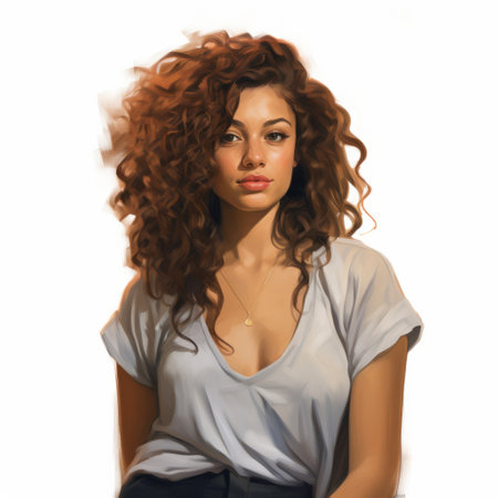 a young woman with curly hair is depicted in this digital airbrushing painting. the character studies style brings out a realistic and detailed rendering, showcasing smooth and shiny textures. the color palette consists of dark white and light orange tones, creating an engaging and captivating illustration. ai generatedの素材