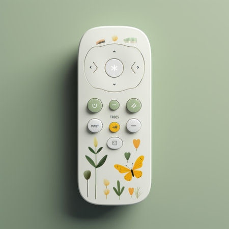 an asian art house remote controller in a flower theme, featuring graphic design-inspired illustrations. the controller showcases a light green and amber color scheme with minimal retouching, embodying elements of the duckcore aesthetic. captured on kodak ektar film, it highlights floral accents and hyper-realistic details for a visually captivating experience. ai generatedの素材