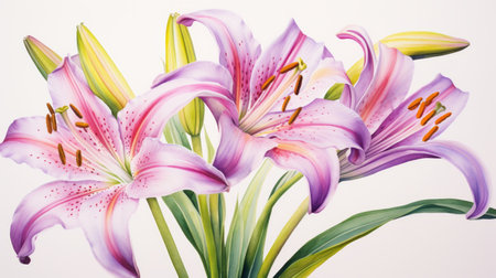 "artist sketch of purple lilies in a white vase showcases hyperrealistic wildlife portraits, featuring highly detailed macro zoom. the vibrant watercolor illustrations blend light gold and pink hues, creating symmetrical arrangements.", ai generatedの素材