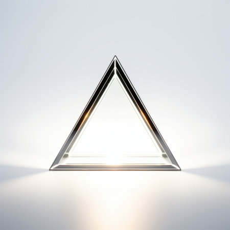 a silver triangle sits on a white light background, framed in the style of mood lighting. rendered in unreal engine, the triangle is accented with light bronze and bronze hues. the symmetrical balance is complemented by high-key lighting, while asymmetrical framing adds visual interest. ai generatedの素材