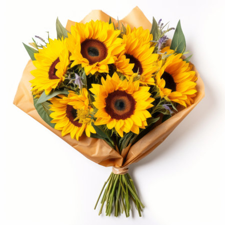 bouquet of sunflowers with purple flower print, wrapped in a style of simplicity. the dark yellow and light orange hues create a symmetrical arrangement, enhanced by high-key lighting. ai generatedの素材