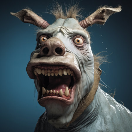 the guy standing in the blue background has his eyes and mouth open, showcasing a characterful animal portrait in the style of zbrush. this unique artwork, rendered in maya, combines elements of goblincore and hybrid creature compositions. the photo captures the essence of 17th-century aesthetics, with a touch of mystique and creativity. ai generatedの素材