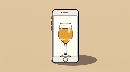 an iphone with a wineglass on its screen is depicted in the style of editorial cartooning. the light beige and amber color scheme, along with the traditional technique, creates a minimalistic symmetry that is reminiscent of the american barbizon school. this editorial illustration is inspired by absinthe culture. ai generatedの素材