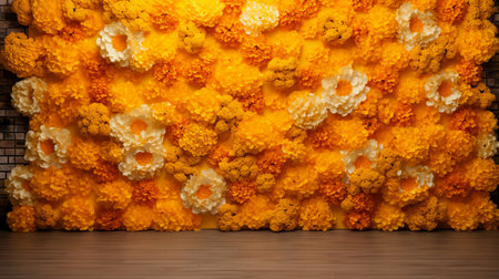 an elegant site-specific installation showcasing a voluminous mass of vibrant orange and yellow flowers against a white brick background. this traditional vietnamese-inspired design combines darkness yellow and light beige hues, creating a visually striking contrast. the artwork incorporates a mix of wooden elements and luxurious fabrics, resulting in a captivating and opulent aesthetic. ai generatedの素材