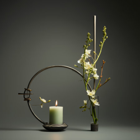 a candle sits within a frame surrounded by several flowers, showcasing thin steel forms and an asymmetrical balance. the organic nature-inspired shapes create a captivating composition, enhanced by the rim light. this photo draws inspiration from artists such as q hayashida and francois boquet, incorporating twisted branches for added visual interest. ai generatedの素材