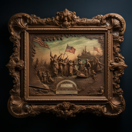 an american flag from wwii is depicted in a frame, resembling baroque-inspired sculptures. the image showcases a dark and moody landscape with detailed crowd scenes. vibrant woodcarvings add color to the scene, creating a cabincore aesthetic. this tonalist masterpiece offers a glimpse into the genius of social and political commentary. ai generatedの素材