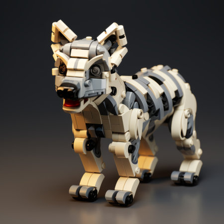 wooden model of a wolf crafted from lego bricks, designed with industrial and technological subjects in mind. the simplified dog figure features bold black lines contrasted against dark white and light amber tones. rendered in maya using vray for an impressive finish. keywords: wooden, wolf, lego, industrial, technological, simplified, dog figure, bold, black lines, dark white, light amber, maya, vray. ai generatedの素材