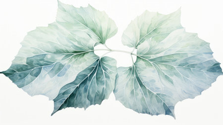two watercolor leaves on paper, featuring a dark white and light cyan color scheme. these realistic marine paintings showcase symmetrical arrangements with layered mesh patterns. the light green and light gray hues add a naturalistic touch to these captivating botanical illustrations. ai generatedの素材