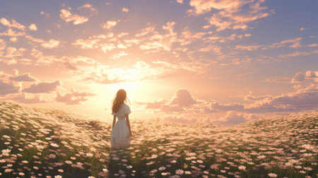 girl standing in a field with daisies, captured in the ethereal and dreamlike style of daz3d. the romantic seascape and golden light create a mesmerizing atmosphere. the uhd image features light white and pink tones, making it a captivating associated press photo. ai generatedの素材