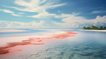 saltwater coral reefs of the maldives and south pacific, captured by scarlett hooft graafland, showcase realistic landscapes with soft, tonal colors. this surreal landscape combines light red and blue hues, creating a tender depiction of nature. the calm waters add to the serene beauty of these photobashed scenes. ai generatedの素材