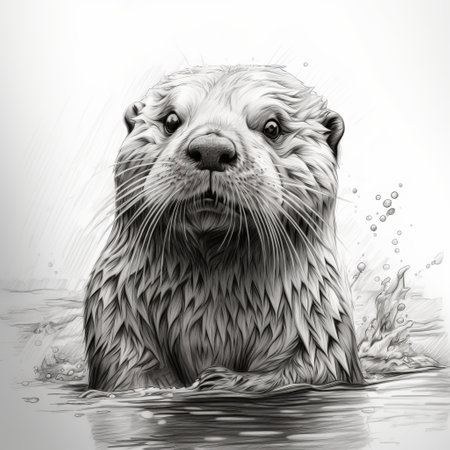 this black and white drawing of an otter showcases a highly detailed illustration style, reminiscent of zbrush. the otter's strong facial expression adds depth to the artwork, while the luminosity of the water creates a captivating contrast. this speedpainting captures the soggy and charming character of the otter with precision. ai generatedの素材