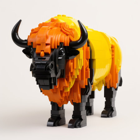 a brown and orange buffalo lego brick, made of plastic, showcases hyper-realistic animal illustrations. this 32k uhd photo captures its yellow and indigo colors, with monochromatic compositions and a touch of japanese influence. the light yellow and black details highlight the naturalistic proportions of this unique lego creation. ai generatedの素材