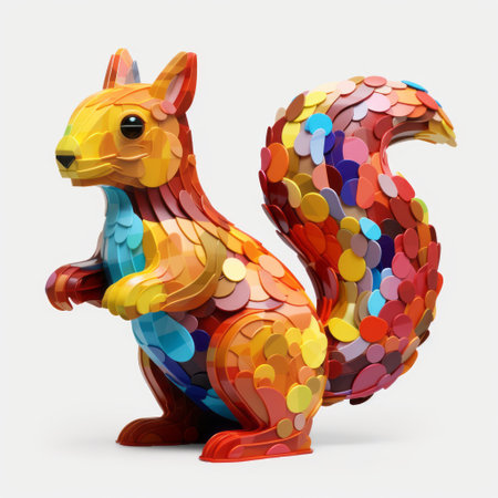 a squirrel sculpture made of cardboard, featuring a kaleidoscopic rainbow design. this hyper-realistic maquette showcases intricate character details with confetti-like dots in light crimson and light amber hues. crafted using zbrush, this unique artwork captures the essence of a vibrant and dynamic squirrel in a mesmerizing display. ai generatedの素材