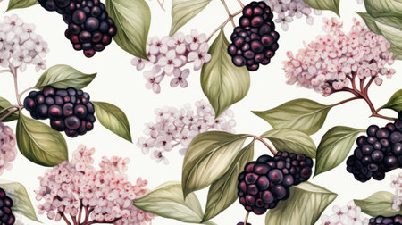 black lily leaves and lily berries captured in an editorial illustration by rodel gonzalez. the uhd image showcases nature-based patterns with a white background, complemented by charming illustrations in light purple and light beige, reminiscent of cherry blossoms. ai generatedの素材