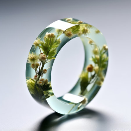 glass jewelry with leaves and flowers, created by marco caro, showcases realistic landscapes with soft edges. the white and cyan color scheme, captured using the olympus af-1 (also known as olympus infinity) camera, adds a touch of japonisme. the depth of field and rim light enhance the detailed natural scenes, making this piece a stunning work of art. ai generatedの素材