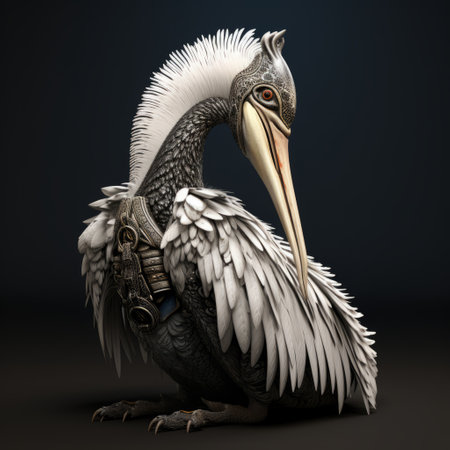 a realistic and hyper-detailed rendering of a bird with a helmet perched on the back, set against a dark background. this solarpunk-inspired 3d artwork showcases the influence of the kushan empire with its ivory accents. the brooding mood and meticulous attention to detail bring this unique piece to life. ai generatedの素材