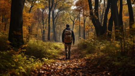 a man in the forest with a backpack by the stream, captured in the style of dark orange and light brown hues. this 32k uhd photograph showcases a soft atmospheric perspective, reminiscent of the dusseldorf school of photography. the colorful landscapes blend seamlessly with nature-inspired camouflage, creating a captivating passage into the wilderness. ai generatedの素材
